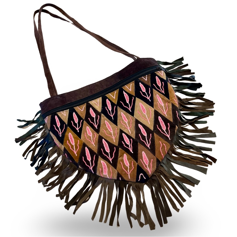 Vintage Embroidered Leather Bag with Fringe Bohemian Chic European